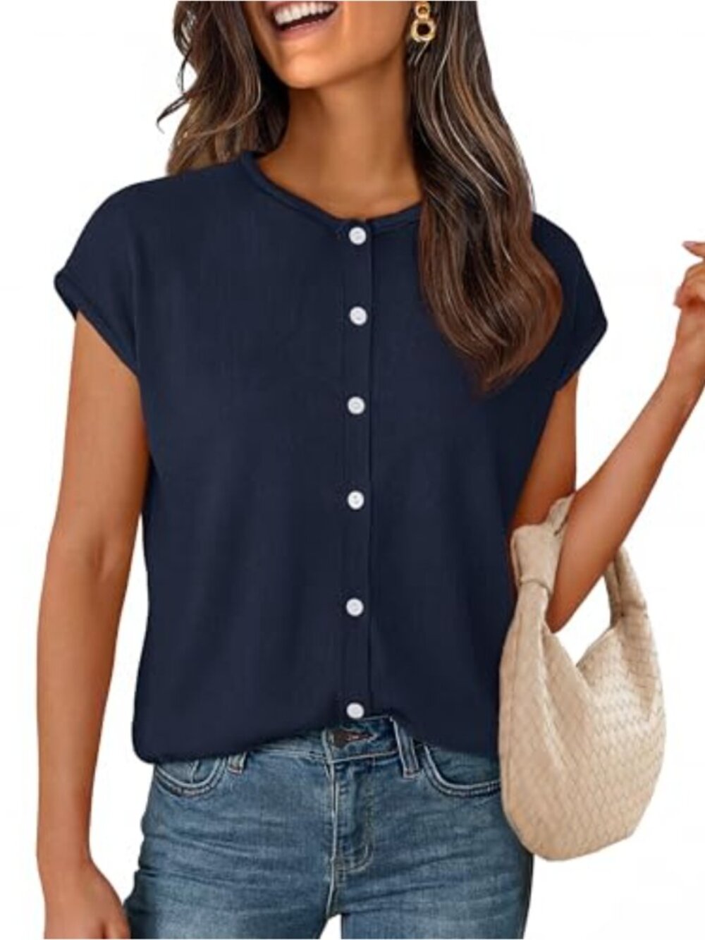 Women's Summer Cardigan Sweater Crewneck Cap Sleeve Knitted Button Down Top